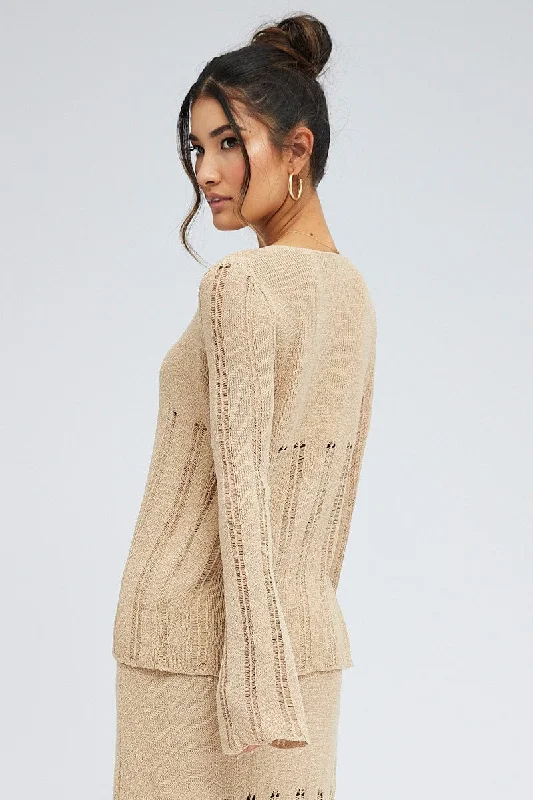 Beige Cardigan Long Sleeve V Neck Button Ladder Knitted