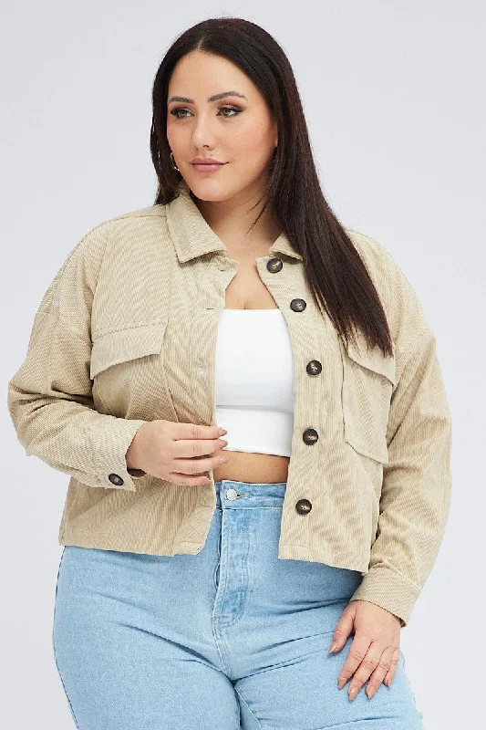 Beige Cord Crop Jacket Long Sleeve