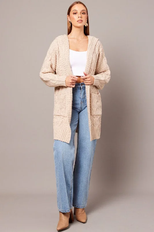 Beige Longline Cardigan Long Sleeve Hooded Cable Knit