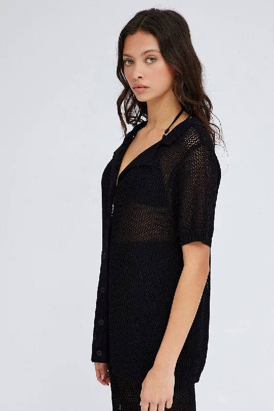 Black Collar Knit Top Short Sleeve