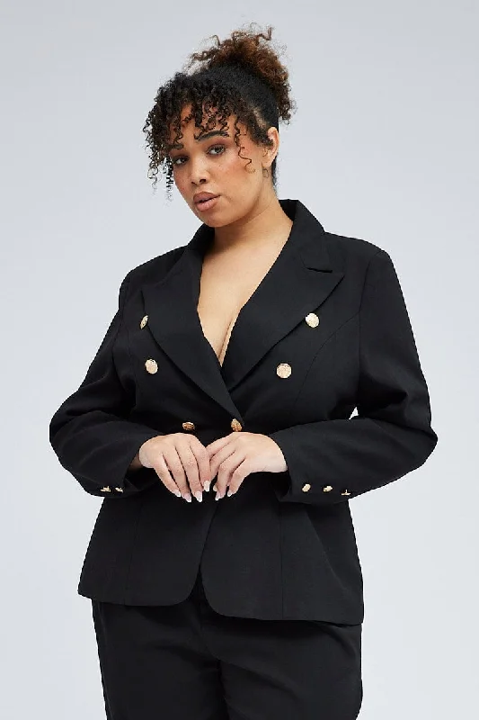 Black Fitted Blazer Gold Button Double Breasted Lined