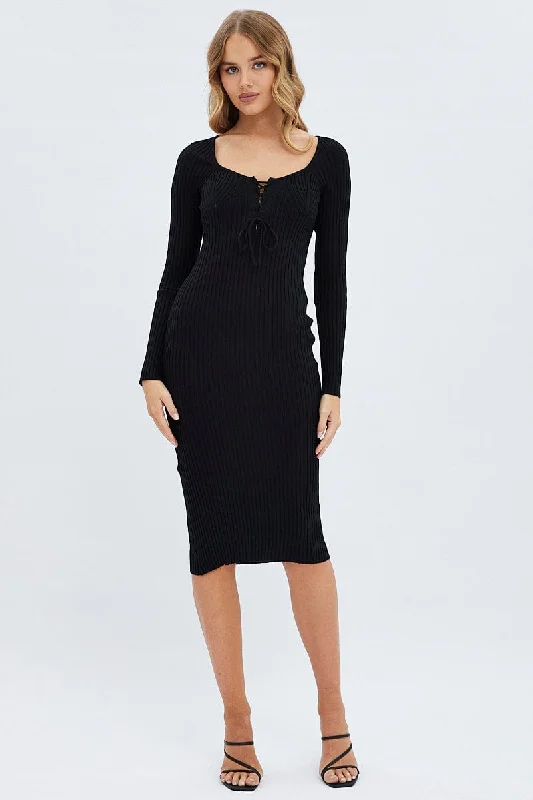 Black Knit Dress Long Sleeve Midi