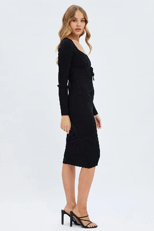 Black Knit Dress Long Sleeve Midi