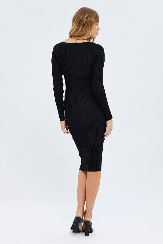 Black Knit Dress Long Sleeve Midi