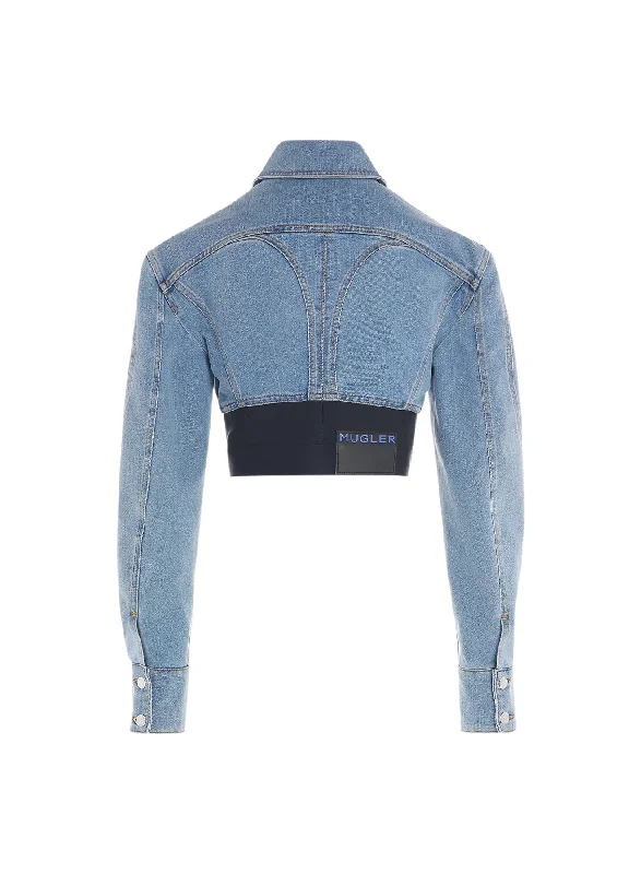 blue cropped bi-material jacket