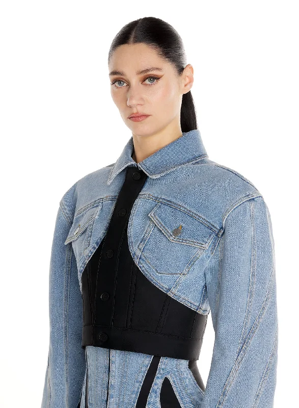 blue cropped bi-material jacket