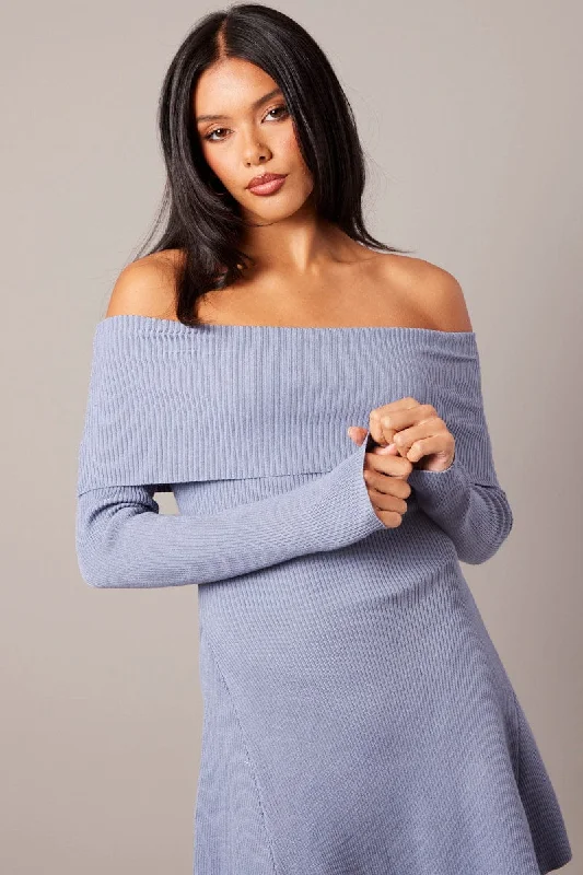 Blue Knit Dress Long Sleeve Off Shoulder