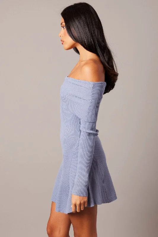 Blue Knit Dress Long Sleeve Off Shoulder