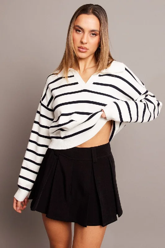 Blue Stripe Knit Top Long Sleeve Collar