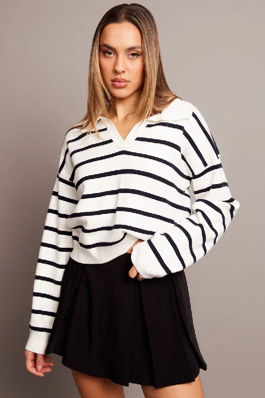 Blue Stripe Knit Top Long Sleeve Collar