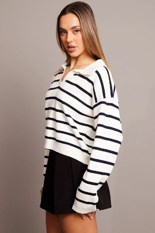 Blue Stripe Knit Top Long Sleeve Collar