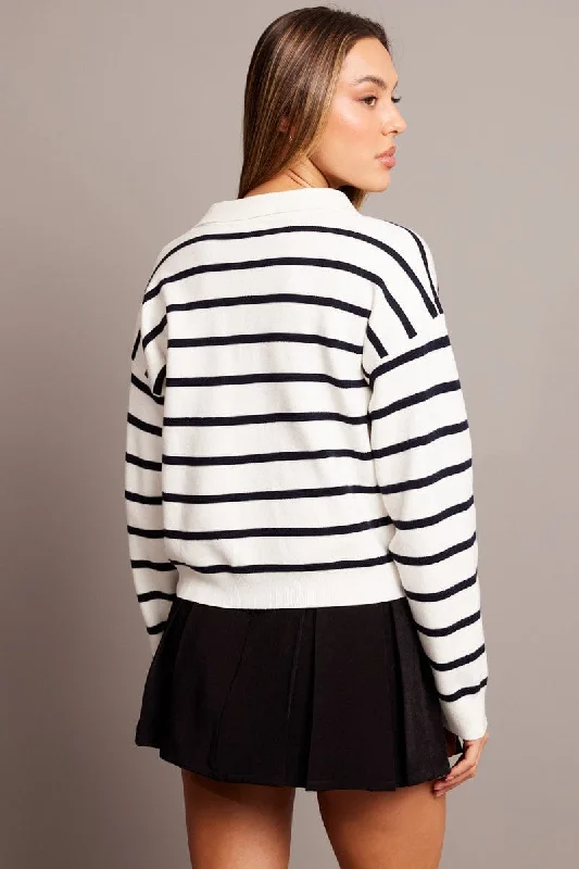 Blue Stripe Knit Top Long Sleeve Collar