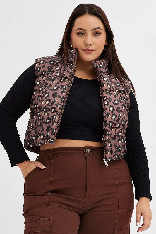 Brown Animal Print Puffer Vest Crop Sleeveless Leopard