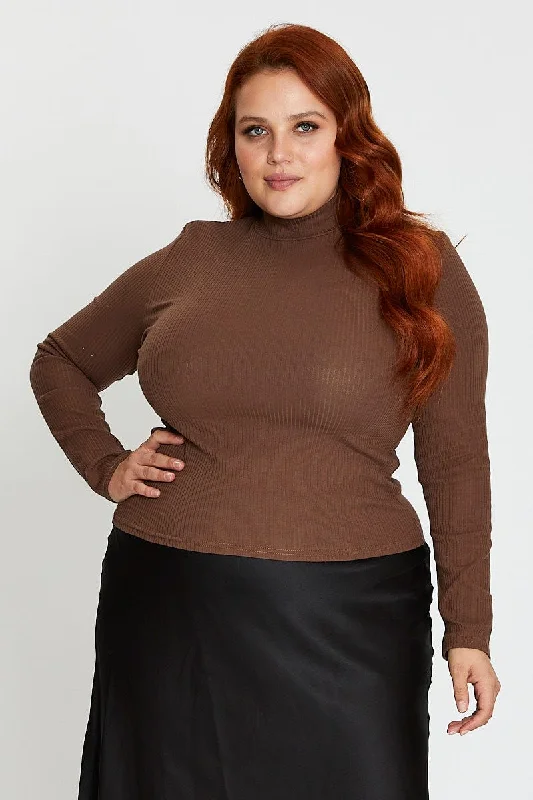 Brown Long Sleeve Rolled Neck Basic Top