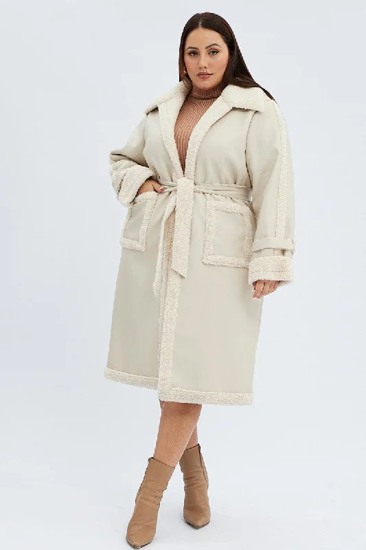 Camel Long Coat Shearling Lined Pu