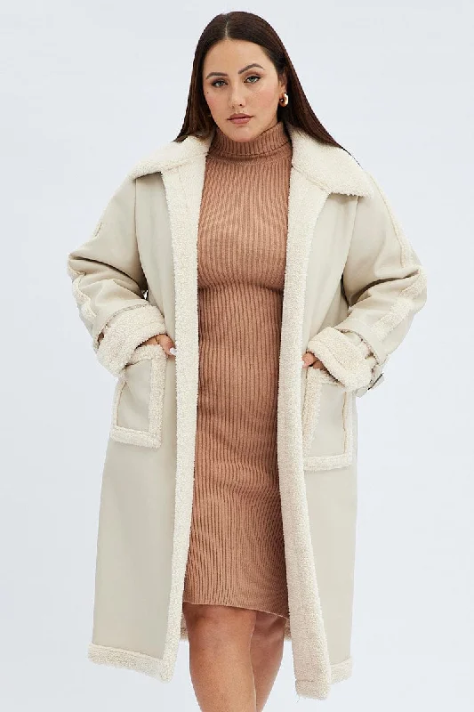 Camel Long Coat Shearling Lined Pu