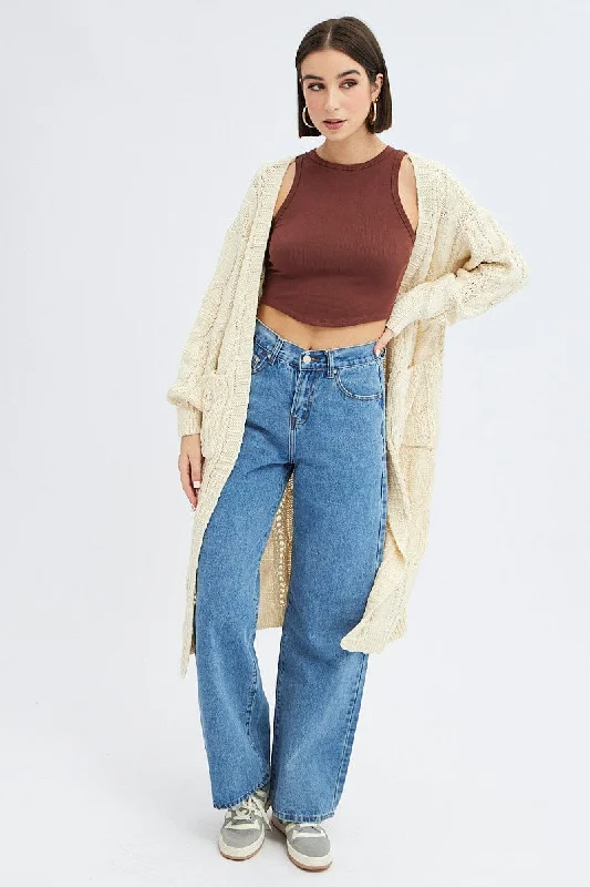 Camel Longline Cardigan Cable Knit