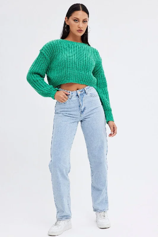 Green Knit Top Round Neck Long Sleeve Crop