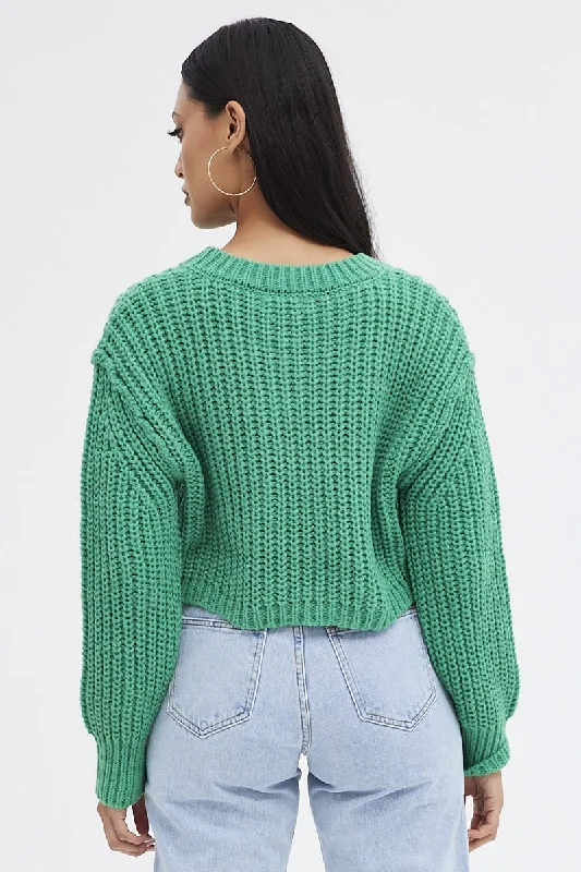 Green Knit Top Round Neck Long Sleeve Crop