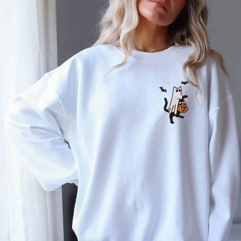 Embroidery Cute Scary Cat Sweatshirt - Stay cozy and chic with this hauntingly adorable hoodie, ES004