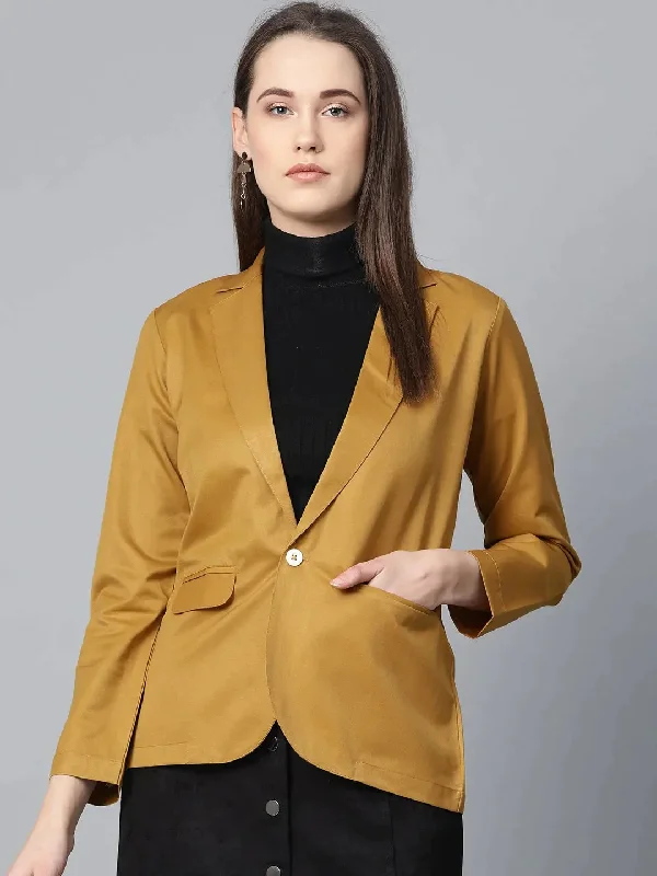 Women Mustard Solid Single-Breasted Smart Casual Blazer