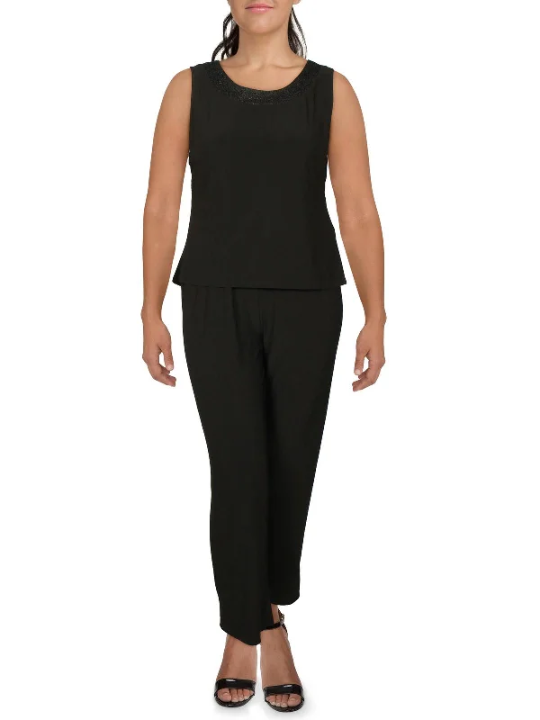 Petites Womens Knit 2PC Pant Suit