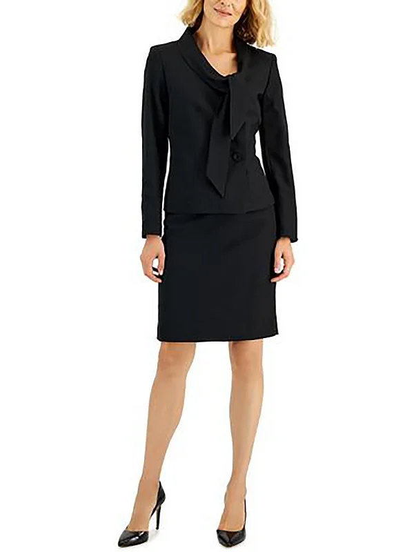 Petites Womens Tie Neck Business Two-Button Blazer