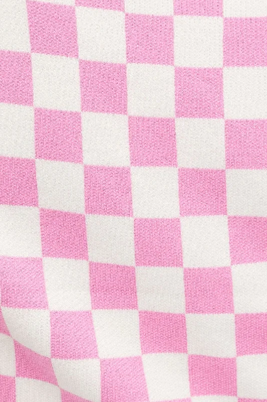 Pink Check Knit Cardigan Short sleeve