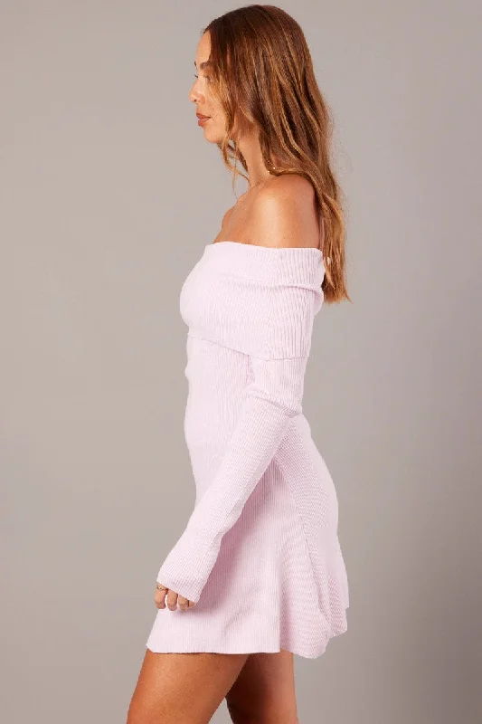 Pink Knit Dress Long Sleeve Off Shoulder