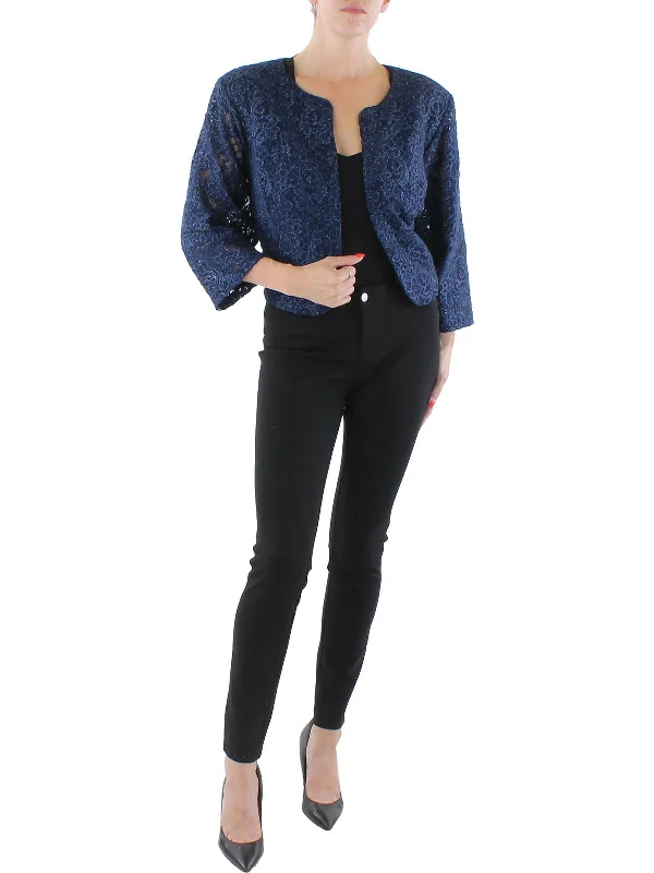 Plus Womens Lace Glitter Collarless Blazer