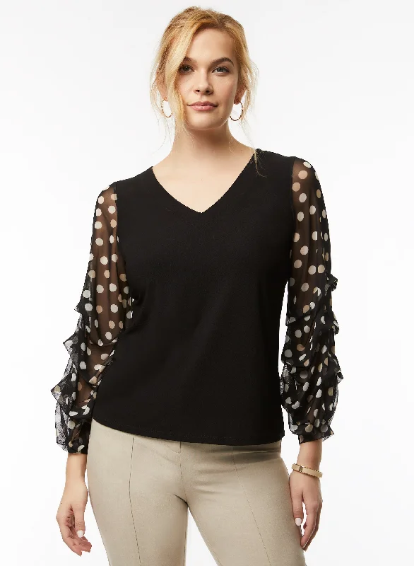 Polka Dot Print Ruffle Sleeve Top