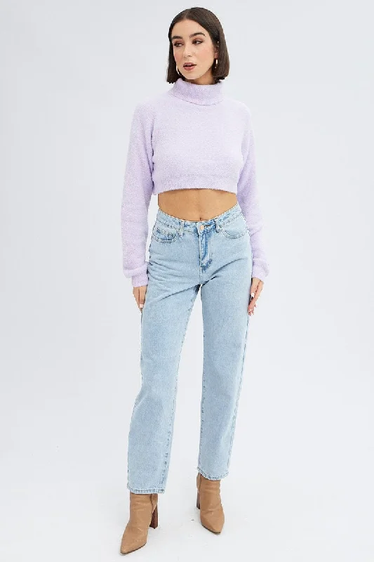 Purple Knit Jumper Turtle Neck Crop