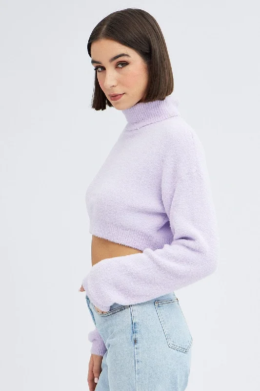 Purple Knit Jumper Turtle Neck Crop