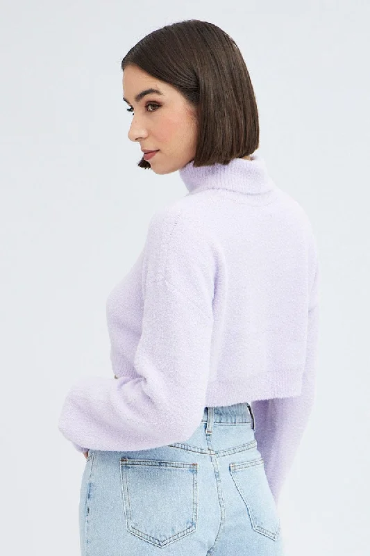 Purple Knit Jumper Turtle Neck Crop