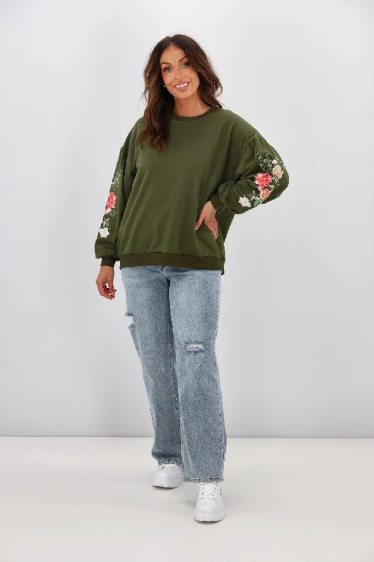 Shine On Label Rosetta Embroidered Sleeve Crew Olive