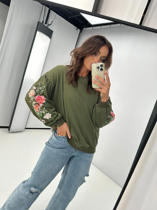 Shine On Label Rosetta Embroidered Sleeve Crew Olive