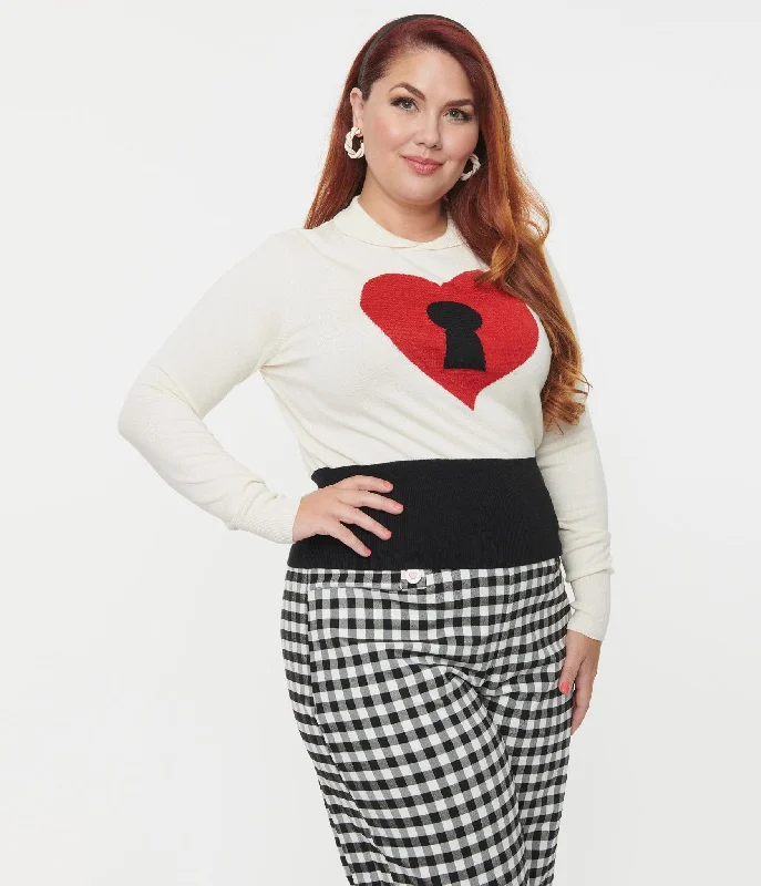 Unique Vintage Plus Size Cream & Red Locked Heart Sweater