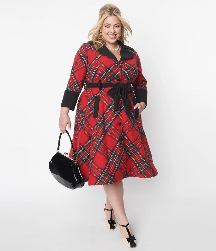 Unique Vintage Red Tartan Plaid Swing Coat