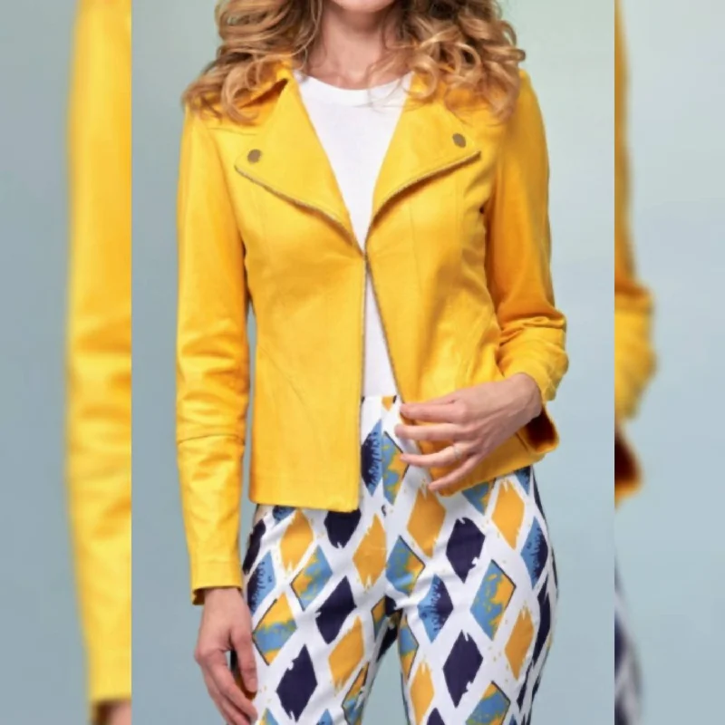 Vegan Leather Moto Jacket In Yellow