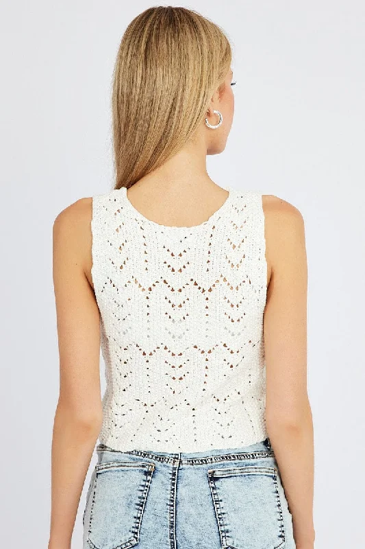 White Knit Vest Sleeveless V Neck Crochet Button Up