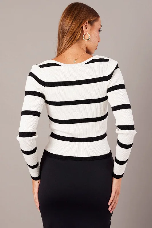 White Stripe Knit Top Long Sleeve Scoop Neck