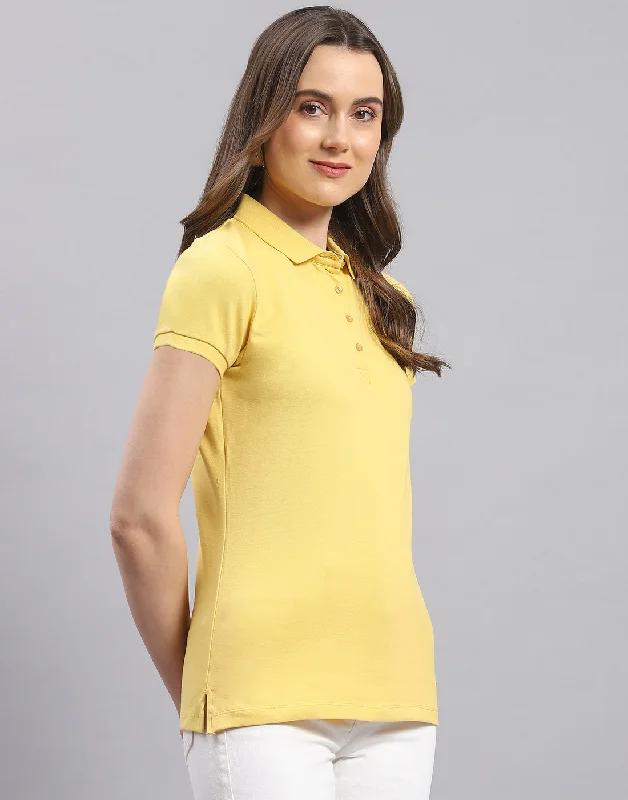 Women Yellow Solid Polo Collar Half Sleeve T-Shirt