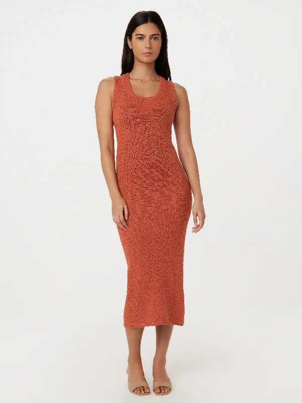 The Long Sleeveless Crochet Dress in Red Clay