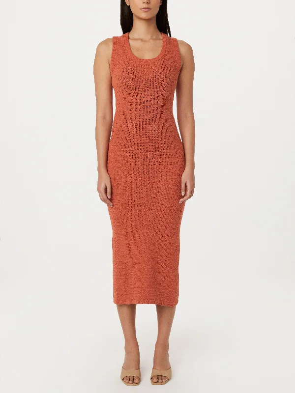 The Long Sleeveless Crochet Dress in Red Clay