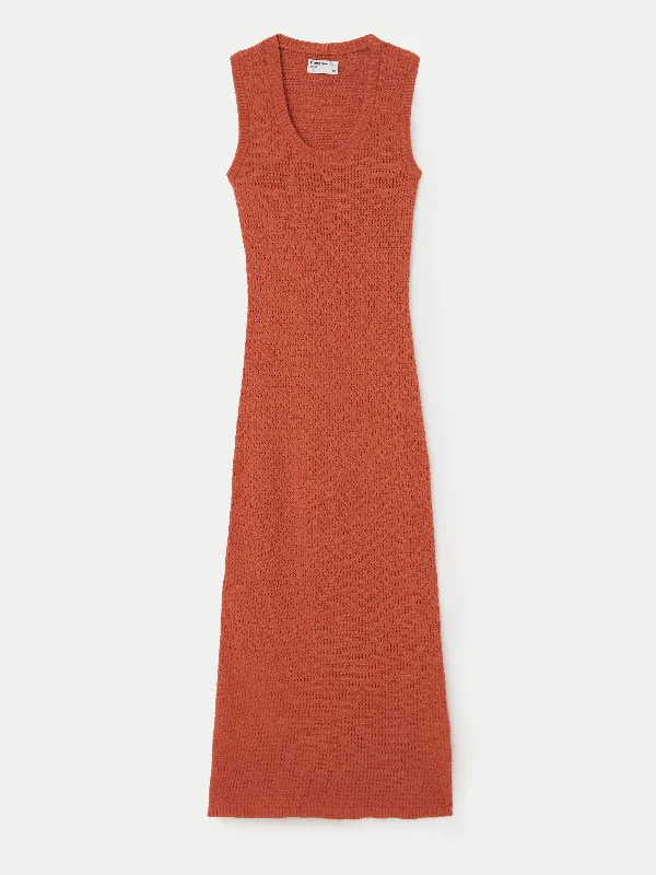 The Long Sleeveless Crochet Dress in Red Clay