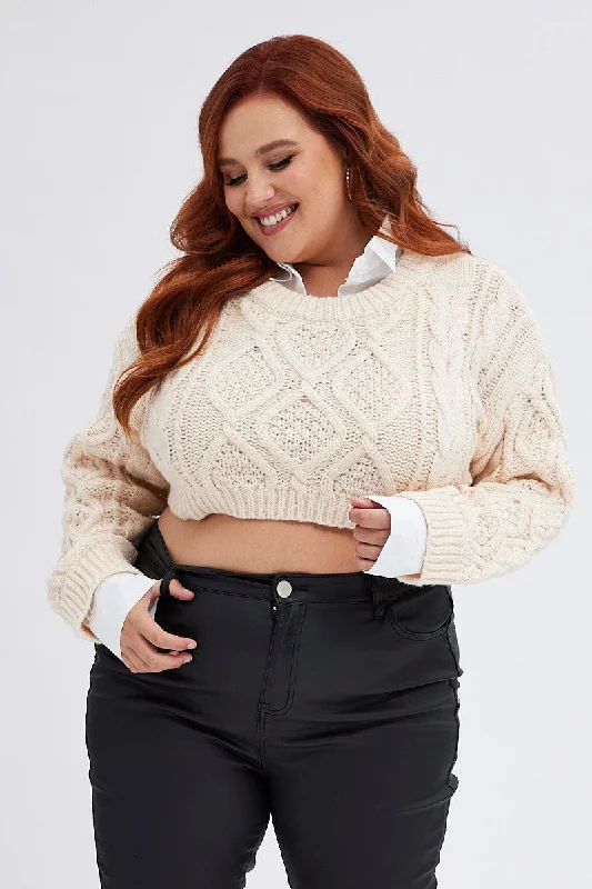 Beige Cable Knit Jumper Crop Faux Layered