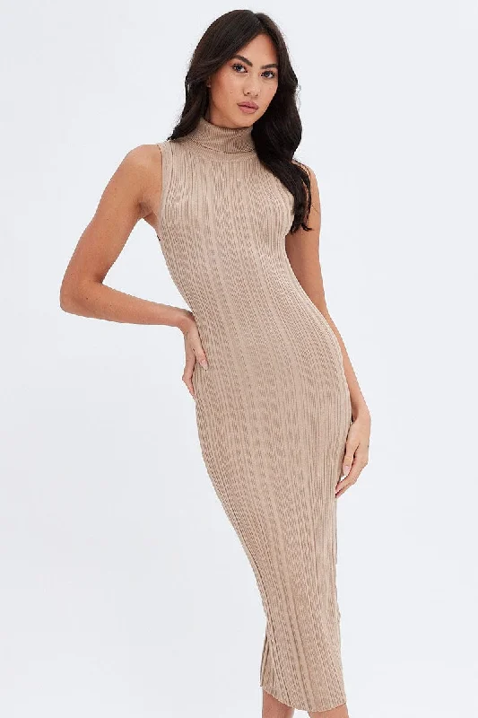 Beige Midi Dress Turtle Neck Bodycon Knitted Rib