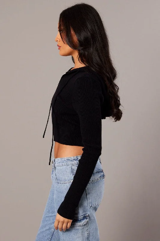 Black Hooded Knit Cardigan Long Sleeve