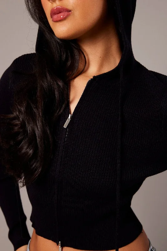 Black Hooded Knit Cardigan Long Sleeve