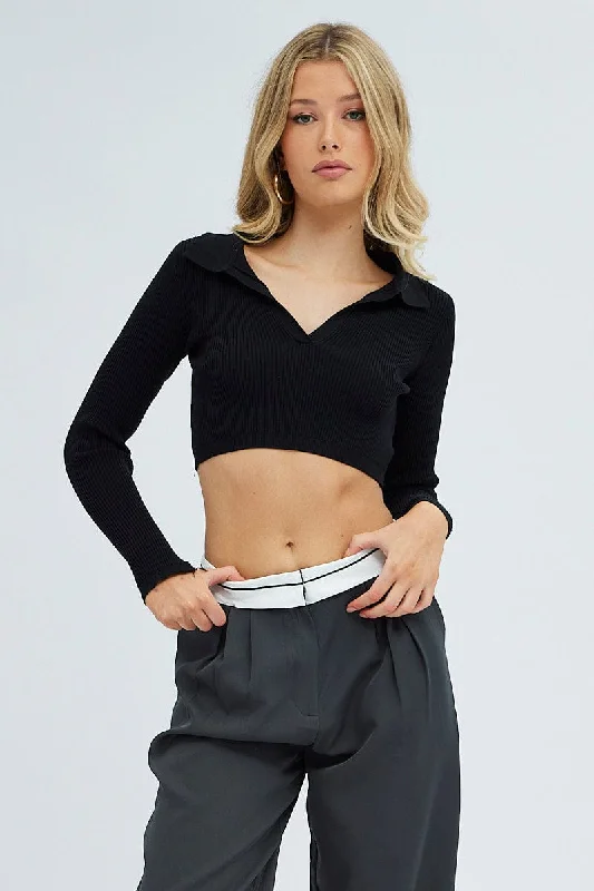 Black Knit Top Long Sleeve Crop Collared